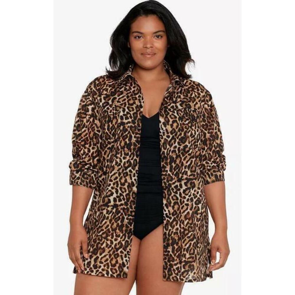 Lauren Ralph Lauren Plus Size Multicolor Leopard-Print Camp Shirt Cover-Up 1X
